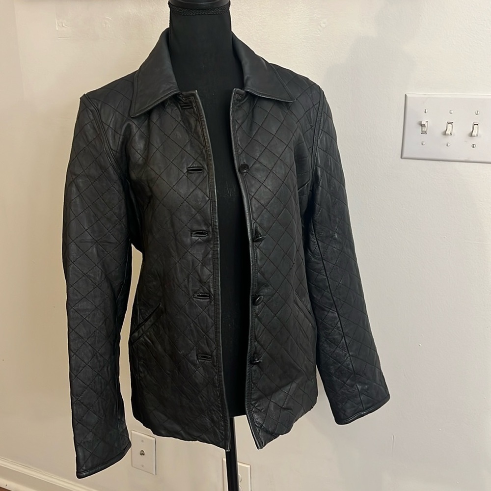 Siena Black Diamond Quilted Leather Button Front Jacket Coat, Sz 8.